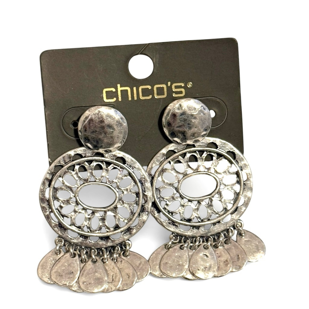 Chico's Silver Filigree Fringe Statement Earrings NWT - Picture 3 of 8